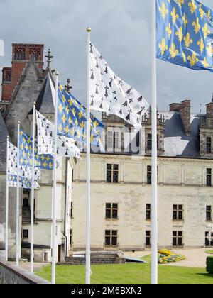 Fleur-de-lis Flags Waving in Front of Amboise Chateau in Loire Valley France Stock Photo