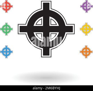 Celtic cross vector illustration, cross silhouette isolated over white background with small colored crosses Stock Vector