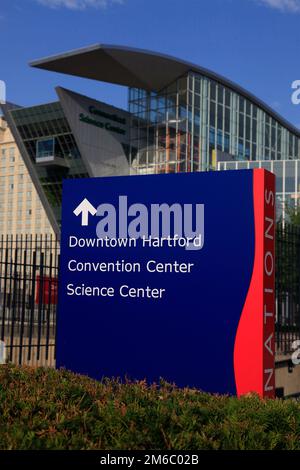 Convention center downtown Hartford science center sign in Hartford CT Stock Photo