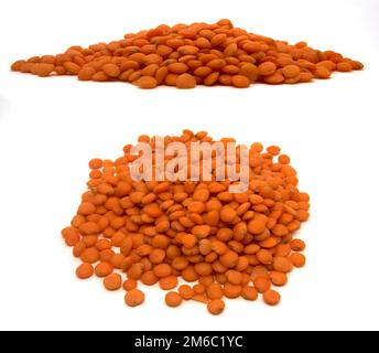 Red lentils on white background - two perspectives Stock Photo