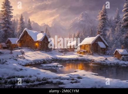 winter-town-with-mountains-landscape-village-with-snow-in-vintage