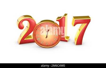 New Year 2017. Red numbers and clock. Midnight. 3D illustration Stock Photo