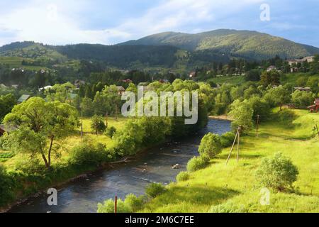 Prut river in village Vorohta Ukraine. Carpathian Mountains, wild mountain landscape Ukraine, Vorohta Stock Photo