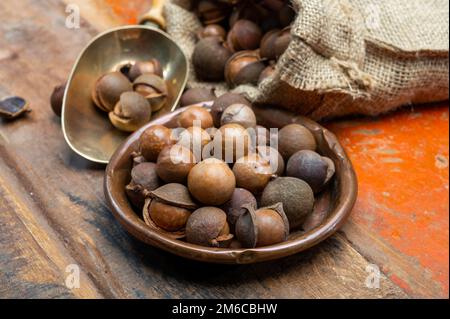 New harvest of ripe fresh Australian macadamia nuts in shell with leaves close up Stock Photo