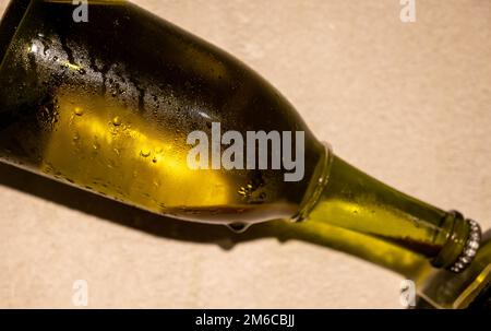 Champagne bottle during second fermentation with lees or dead yeast cells sediment, making champagne sparkling wine from chardonnay and pinor noir gra Stock Photo