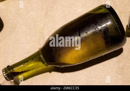 Champagne bottle during second fermentation with lees or dead yeast cells sediment, making champagne sparkling wine from chardonnay and pinor noir gra Stock Photo