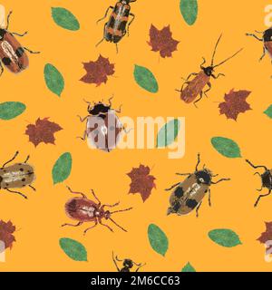 Beetles and Leaves on orange Background  -  JPEG Seamless Pattern Stock Photo