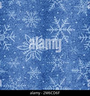 Snowflake seamless pattern. Repeating snowflakes background. Repeated denim textile for design print. Repeat hands draw snow. Rapport winter wallpaper Stock Vector