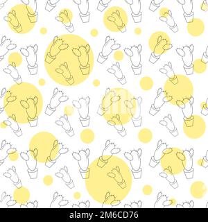 Abstract background texture from yellow circles and outline cactus in a flower pot in cartoon style. Isolate. Good for advertising, textile, poster, template, price tag, label, brochure, postcards Stock Vector