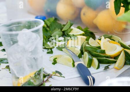 Fresh chopped ingredients for a refreshing cocktail with ice Stock Photo