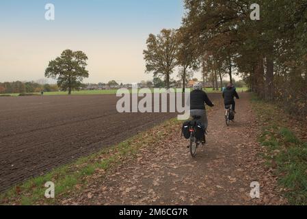 Hasselt. Limburg-Belgium. 08-11-2020. Autumn walk of aged people on bicycles along the forest and plowed fields Stock Photo
