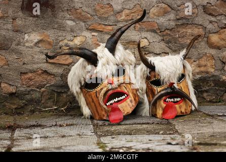 Traditional Kukeri costume bells on a traditional Bulgarian Kukeri holidays festival Stock Photo