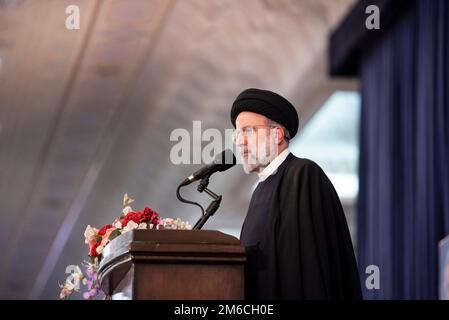 Tehran, Iran. 03rd Jan, 2023. Iranian President Ebrahim Raisi addresses a ceremony marking the anniversary of the death of the late Revolutionary Guard Gen. Qassem Soleimani, who was killed in Iraq in a U.S. drone attack in 2020, at Imam Khomeini Grand Mosque in Tehran, Iran, Tuesday, Jan. 3, 2023. (Photo by Sobhan Farajvan/Pacific Press) Credit: Pacific Press Media Production Corp./Alamy Live News Stock Photo
