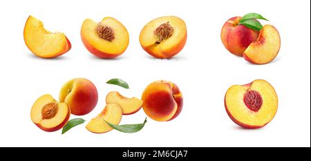 Peach isolated on white background, collection of ripe whole and sliced peaches with clipping path Stock Photo