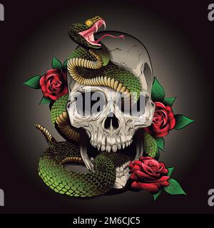 skull snake and roses. Vector illustration. engraving style Stock Vector
