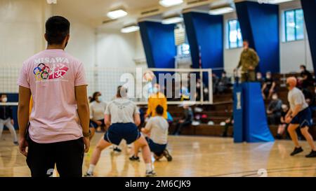 Participants from Team Misawa play volleyball during the first-ever Sakura Olympics at Misawa Air Base, Japan, April 22, 2022. More than 500 participants from units around the base participated in activities during the Sakura Olympics to build camaraderie and strengthen ties between American and Japanese personnel. Stock Photo