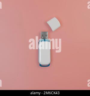 White usb flash stick with lid. On a pink background. Close-up, top view. Square format Stock Photo