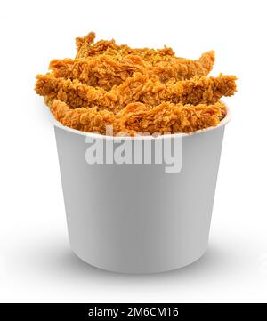 Fried Chicken hot crispy strips crunchy pieces Bucket - large box isolated on white background Stock Photo