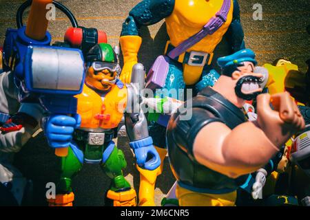 Background of cartoons and movie characters action figures. Stock Photo