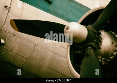 Background of a propeller engine of classic metal plane. Stock Photo