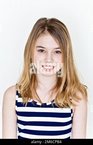 Cute girl with blond long hair on white Stock Photo