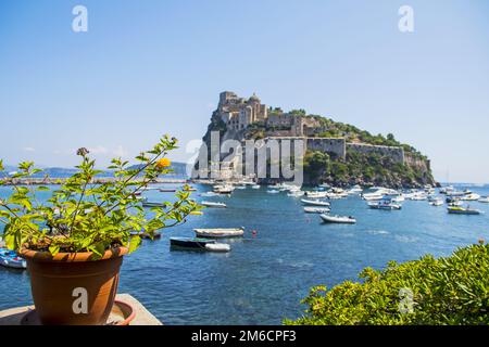 Ancient castle near Ischia island. Tourist target when traveling in Campania. Stock Photo