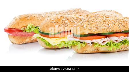 Baguette roll with ham salami cheese sandwich Stock Photo