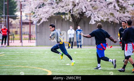 Participants from Team Misawa play flag football during the first-ever Sakura Olympics at Misawa Air Base, Japan, April 22, 2022. The Sakura Olympics gets its name from the famous cherry blossom tree. Throughout history, the Japanese government has given numerous cherry blossom trees to the U.S. government, symbolizing the bond between the two nations. Stock Photo