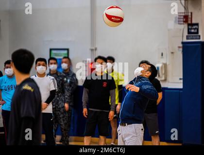 Participants from Team Misawa play soccer during the first-ever Sakura Olympics at Misawa Air Base, Japan, April 22, 2022. The Sakura Olympics gets its name from the famous cherry blossom tree. Throughout history, the Japanese government has given numerous cherry blossom trees to the U.S. government, symbolizing the bond between the two nations. Stock Photo