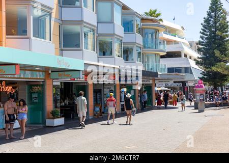 Campbell Parade Bondi Beach shops and food outlets beneath apartments on the main high street in Bondi,Sydney,NSW,Australia Stock Photo