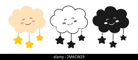 Cloud with smiling face icon cute cartoon style set. Abstract comic flat hand drawn simple weather element symbol and stars. Infographics vector sign for print, sticker, scrapbook, decor for nursery Stock Vector