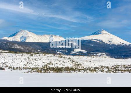 Snow Covered Peaks of the Ten Mile Range on Dillon Reservoir in Colorado on a Cold Winter Day Stock Photo