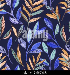 Minimalist hand drawn abstract seamless pattern with blue branches and leaves. Modern trendy textured vector illustration Stock Vector