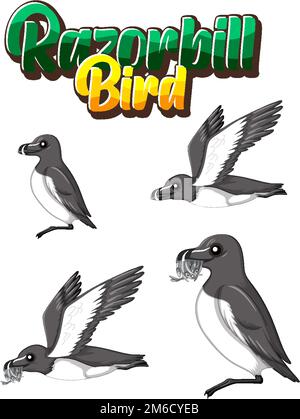 Razorbill birds cartoon character in different poses illustration Stock Vector