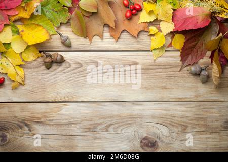 Autumn Leaves And Acorns On Wood Background Stock Photo