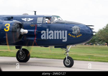 A B-25J/PBJ-1J named 'Devil Dog' from Midland, Texas that took part in the U.S. Army Air Force Doolittle Raid Apr. 18, 1942, taxis to a take-off point during The Great Texas Airshow, Apr. 23, 2022, at Joint Base San Antonio-Randolph, Texas. The Great Texas Airshow, featuring the Thunderbirds, was April 23 thru 24 at JBSA-Randolph. The Thunderbirds perform for people all around the world to display the pride, precision and professionalism the U.S. Air Force represents. Through air shows and flyovers, they aim to excite and inspire. In addition to showcasing the elite skills all pilots must poss Stock Photo