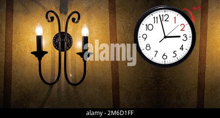 Daylight Saving Time. DST. Wall Clock going to winter time. Turn time forward. Stock Photo