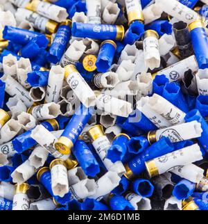 Background of many colorful shot empty shotgun shells Stock Photo