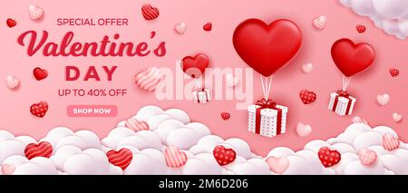3d valentines day horizontal banner sale illustration Stock Vector