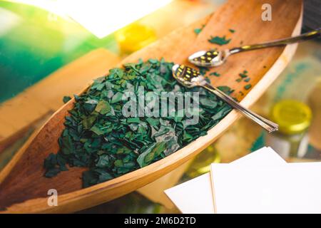Spirulina algae - spirulina is a superfood used as a food supplement source of vitamin protein and beta carotene Stock Photo