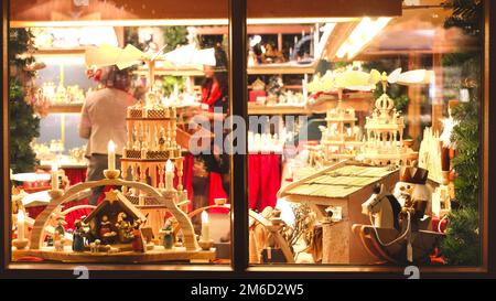 Vintage toy store window shop christmas market background Stock Photo