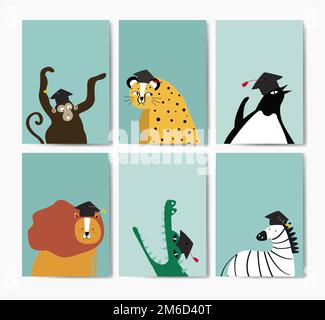 Collection of cute animals wearing a graduation cap in cartoon style vector Stock Vector