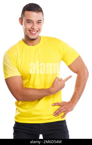 Young latin man showing pointing marketing ad advert people isolated on white Stock Photo
