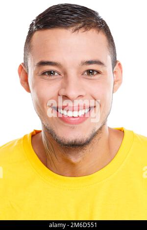 Portrait of a young latin man smiling happy people isolated on white Stock Photo