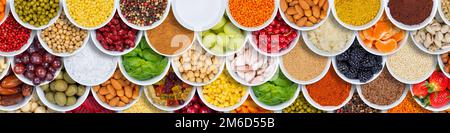 Fruits and vegetables food background spices ingredients banner from above Stock Photo