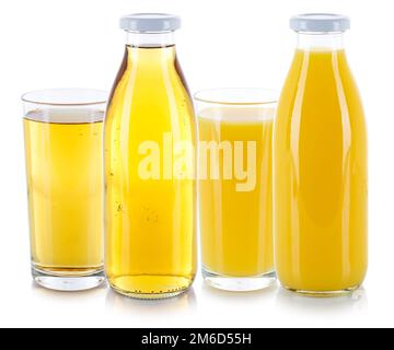 Apple and orange juice drinks fresh glass bottle isolated on white Stock Photo