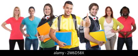 Group of students college student young people success successful thumbs up education isolated on white Stock Photo