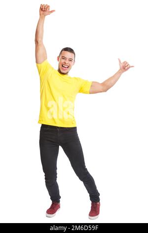 Happy young latin man success successful smiling full body portrait people isolated on white Stock Photo