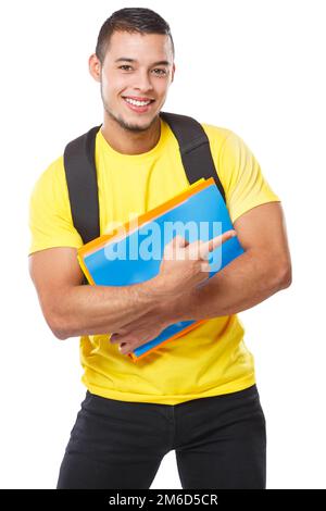 Student education showing pointing marketing ad advert young man people isolated on white Stock Photo