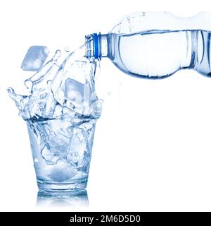 Water pouring into glass ice cube isolated on white Stock Photo
